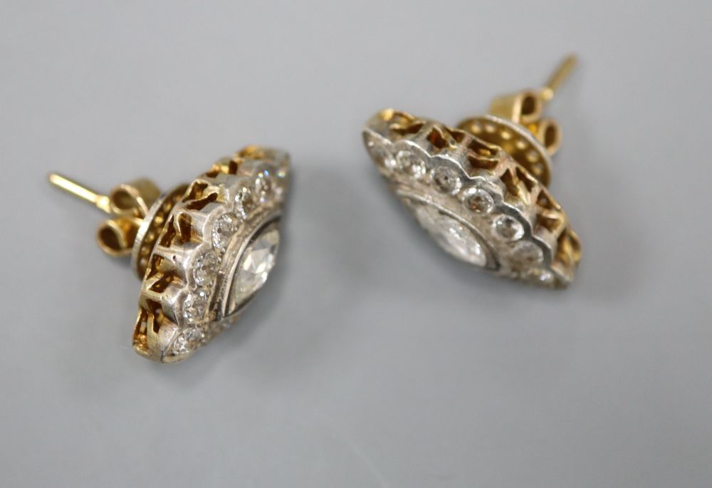 A pair of yellow metal and navette shaped diamond cluster earrings, 21mm gross 8.2 grams,